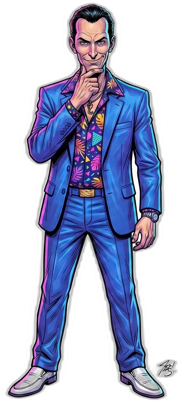 Ricky in a blue suit, plotting