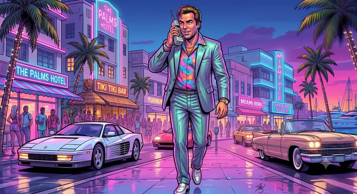 Ricky walking the neon strip at night, brick phone in hand