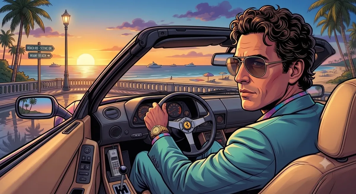 Ricky cruising Ocean Drive in a convertible at sunset