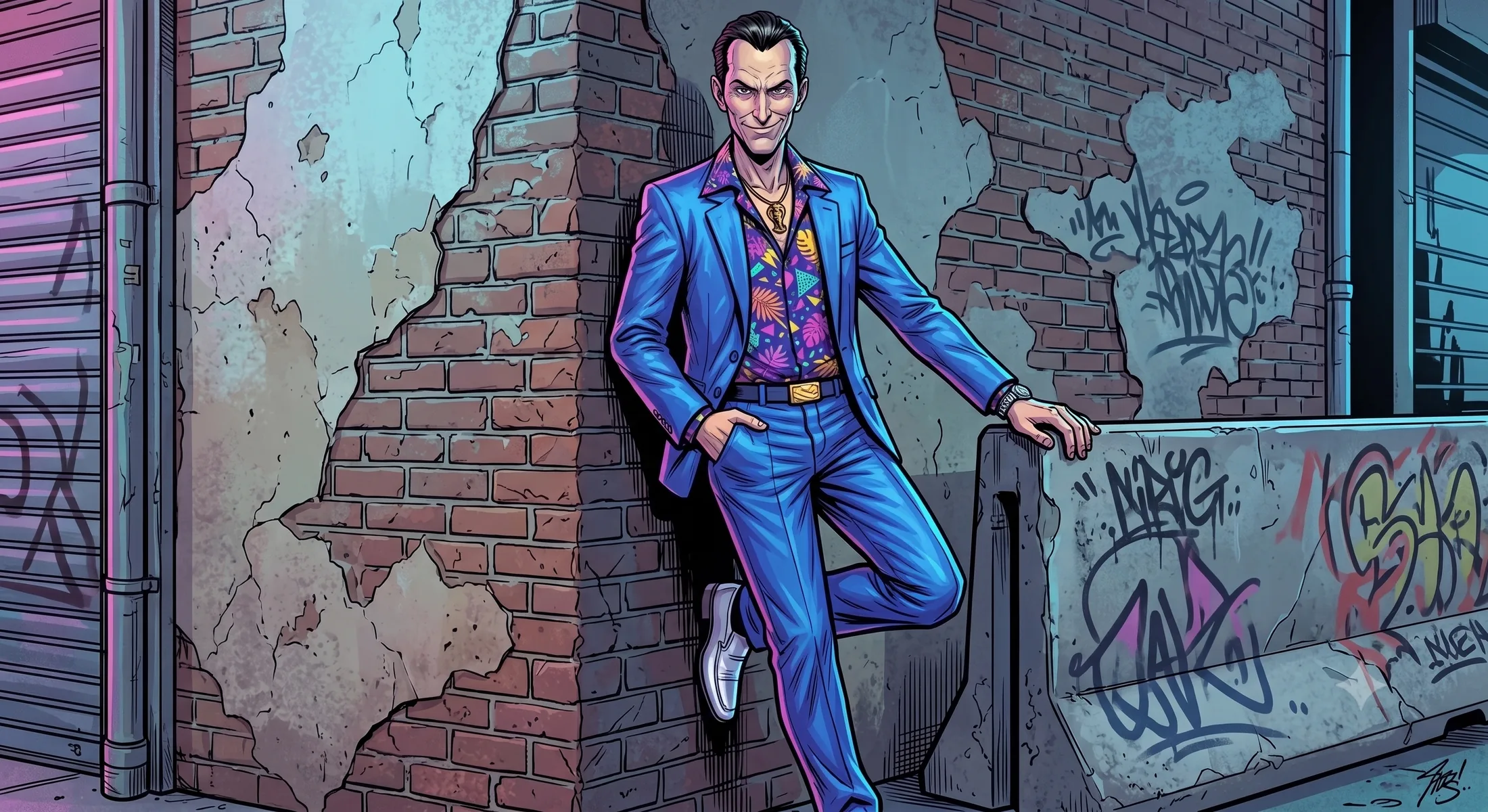 Ricky leaning on a brick wall under neon light