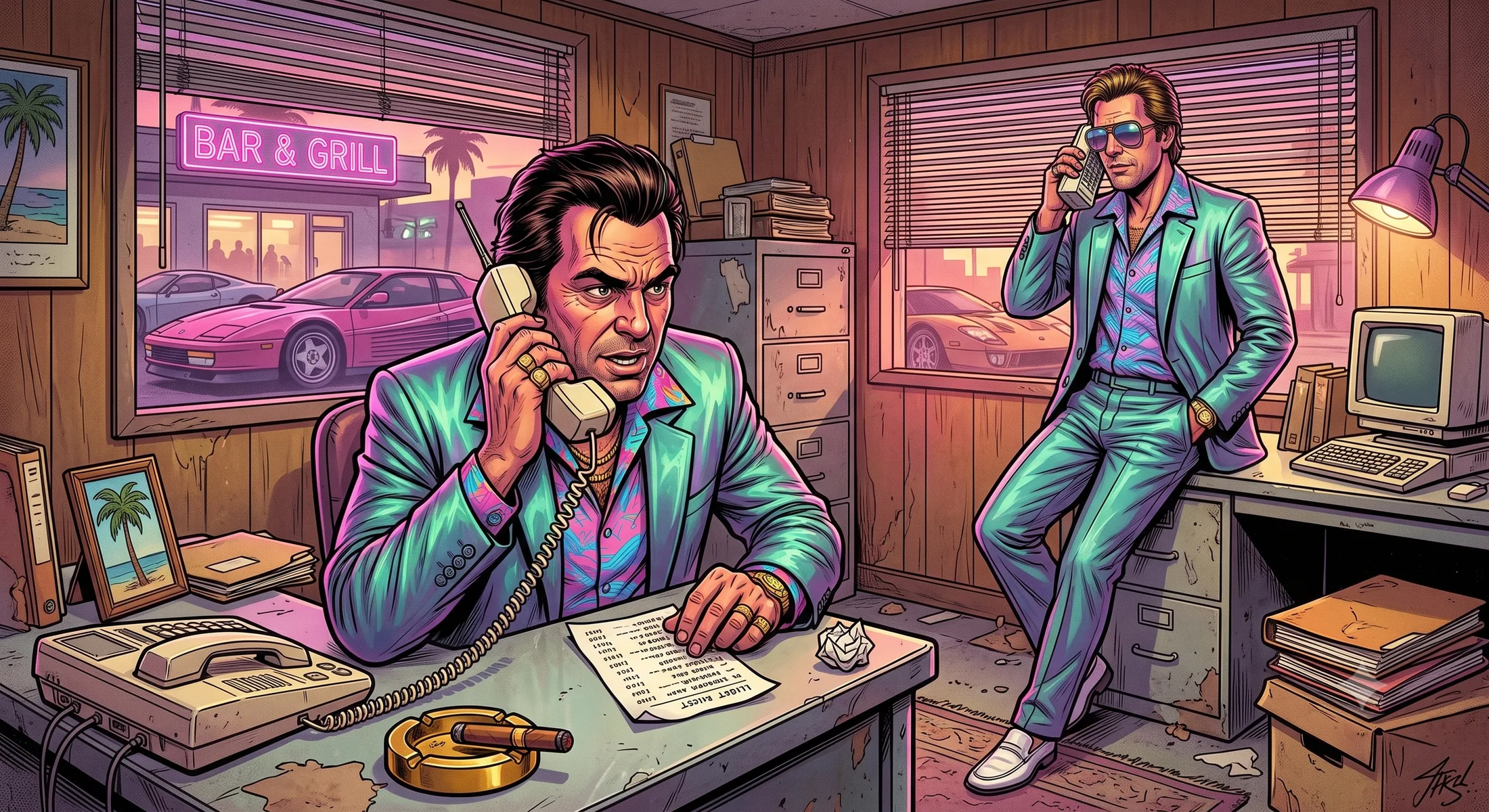 Ricky working the phones in a neon-lit office